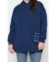 Büyük Beden Relaxed Kapüşonlu Düşük Kol Regular Slogan Detaylı İçi Polar Kalın Örme Sweatshirt