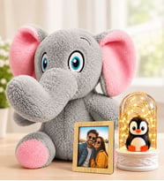 Kişiye Özel Fotoğraflı LED Işıklı Penguenli Fanus ve Peluş Fil Kadına Sevgiliye Hediye