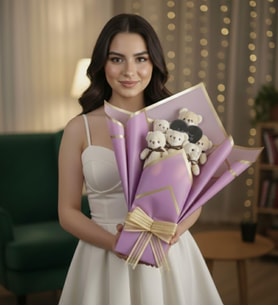 Premium Sevgiliye Özel Mesajlı Kalp Aynalı 6’lı Lila Yumoş Peluş Ayıcık Buketi Arkadaşa Hediye