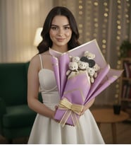 Premium Sevgiliye Özel Mesajlı Kalp Aynalı 6’lı Lila Yumoş Peluş Ayıcık Buketi Arkadaşa Hediye