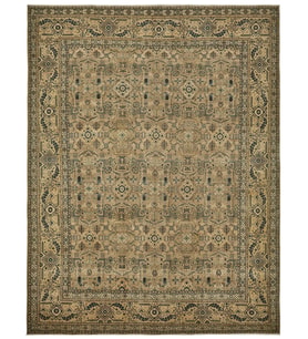 Lacivert Bej Vintage Eskitme Görünümlü Salon Halısı El Dokuma Geometrik Bordür Detaylı