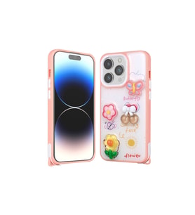 Apple iPhone 14 Pro Uyumlu Kılıf Parlayan Simli Kabartma Figürlü Zore Cevze Kapak (Pembe)