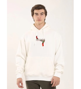 Erkek 3 İplik Pamuklu Kapüşonlu Baskılı Cepli Oversize Sweatshirt Hoodie - Beyaz