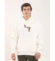 Erkek 3 İplik Pamuklu Kapüşonlu Baskılı Cepli Oversize Sweatshirt Hoodie - Beyaz