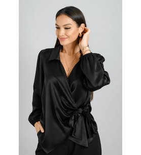 Sweetness Kadın Siyah Likralı Saten Kruvaze Yandan Bağlamalı Bluz