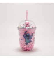 500ml Stitch Figürlü Pipetli Köpük Boncuklu Bardak Mor Renk Şeffaf Kapaklı Çocuk Matara (Pudra Pembe)