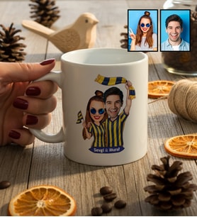 Kişiye Özel Karikatürlü Sarı Lacivert Taraftar Sevgiliye Hediye Kupa Bardak Sevgililer Günü Hediyesi