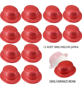 Kırmızı Renk Simli Melon Yuvarlak Parti Şapkası 12 Adet