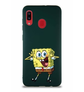 Samsung Galaxy A30 Soft Premier Kapak Sünger Bob Tasarımlı Silikon Kılıf - Yeşil (Şeffaf)