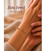 Zeta Jewel 925 Ayar Gümüş Sarı Yaldızlı Cam Göz Yıldız Bileklik Nazar Boncuklu Kadın Bileklik Hediye Kutulu