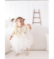 Kadife Kabarık Etekli Kız Çocuk Elbise Ekru