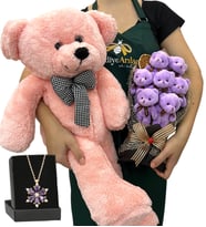 Premium Hediye Seti - Ametist Taşlı Lotus Kolye, 7'li Ayıcık Buketi ve Pembe Peluş Ayıcık (Model 4)