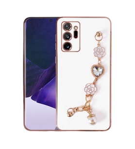 Samsung Galaxy Note 20 Ultra Kılıf El Askılı Tutamaçlı Kamera Korumalı Renkli Gold Kenar Silikon Kapak (Beyaz)