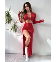 Kırmızı Uzun Kollu Göğüs Dekolteli Maksi Elbise