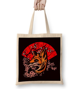 Japanese Fox Sakura Cherry Blossom Tree Japanese Art Nature Bez Çanta Uzun Saplı