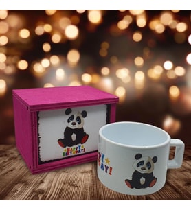 Panda Happy Birthday Doğum Günü Konsept Ahşap Kutulu Kupa Bardak (Beyaz)