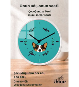 İsme Özel Turkuaz Sevimli Köpek Çocuk Odası Duvar Saati Orta Boy 30 cm Beyaz Camlı Sessiz