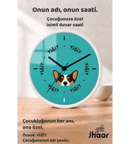 İsme Özel Turkuaz Sevimli Köpek Çocuk Odası Duvar Saati Orta Boy 30 cm Beyaz Camlı Sessiz