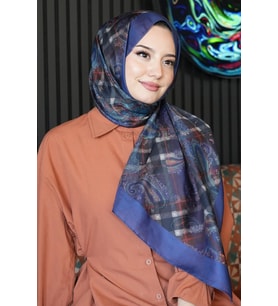 Ekose Paisley Desen Lacivert Soft Pamuk Şal (Standart)