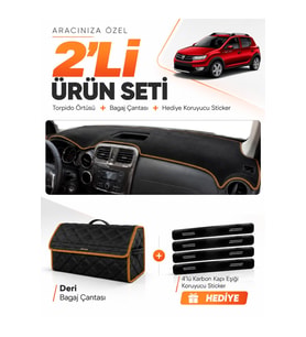 DACIA SANDERO STEPWAY (2015-2021) Uyumlu Torpido Örtüsü + Deri Bagaj Çantası + Sticker Seti - Siyah Kahverengi