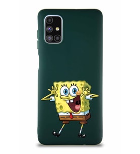 Samsung Galaxy M51 Soft Premier Kapak Sünger Bob Tasarımlı Silikon Kılıf - Yeşil (Şeffaf)