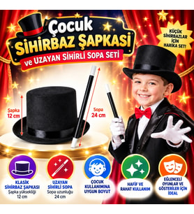 Çocuk Sihirbaz Şapkası ve Uzayan Yaylı Sihirli Sopa Seti