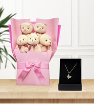 Yumoş Pembe Peluş Ayıcık Buketi Ve Melek Kolye