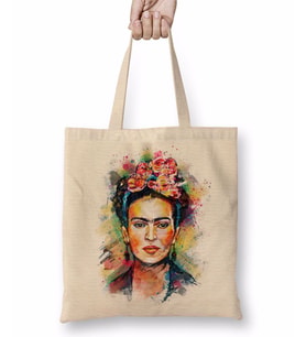 Frida Kahlo Renkli Çiçekli Bez Çanta Uzun Saplı