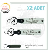 Biker Stiline Uygun İsim Plaka ve B + Kan Grubu Yazılı Acil Durum Deri x2 Anahtarlık Seti, Beyaz-Ysl