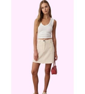 Kadın Mini Kloş Etek Yüksek Bel A line Gabardin Pamuklu Yazlık Günlük Kullanım Özel Günler (Ekru)