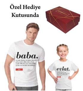 Özel Hediye Kutusunda İsim Baskılı Baba Evlat Kombin Aile Tişörtü (Beyaz)