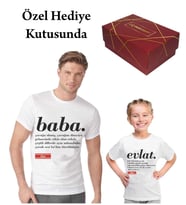 Özel Hediye Kutusunda İsim Baskılı Baba Evlat Kombin Aile Tişörtü (Beyaz)