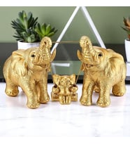 Lüx Mutlu Aile Sallanan 3lü Fil Biblo Seti Kitaplık Vitrin Süsü Yeni Ev Ofis Hediyesi Dekoratif Obje (Gold)