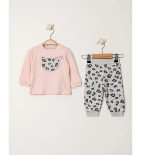 Pamuklu Nakışlı Sweat Patiksiz Alt 2li Pembe  Bebe Takım