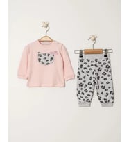 Pamuklu Nakışlı Sweat Patiksiz Alt 2li Pembe  Bebe Takım