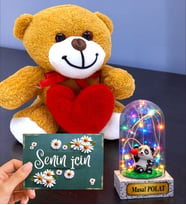 Renkli Led Işıklı Kişiye Özel Fanus ve Kalpli Peluş Ayıcık Hediye Seti (Model 6)