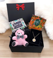 Siyah Hediye Kutusunda Pembe Peluş Ayıcık ve Tasarım Kolye  Premium Set