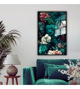 Metal Çerçeveli Cam Tablo Çiçekli Monstera Deve Tabanı (Siyah)
