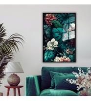 Metal Çerçeveli Cam Tablo Çiçekli Monstera Deve Tabanı (Siyah)