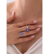 Gümüş Unutma Beni Çiçeği Kolye & Yüzük Seti - 925 Ayar Gümüş Set