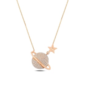 Zirkon Taşlı Rose Yıldızlı Satürn Model Gümüş Kadın Kolye Gklstrnmdl1-ros