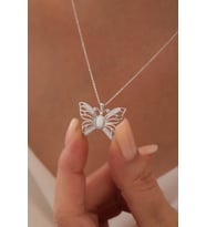 Gümüş Opal Taşlı Kelebek Kolye 925 Ayar Gümüş Kolye