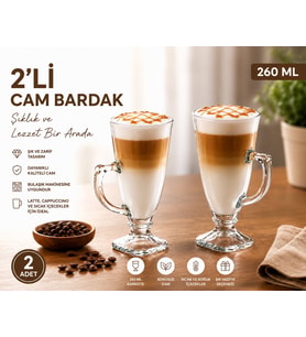 Cam Ayaklı Latte Bardağı 2'li Set 260 CC Şeffaf Kahve Bardağı Latte, Cappuccino, Macchiato ve Sıcak-Soğuk İçecek Bardağı