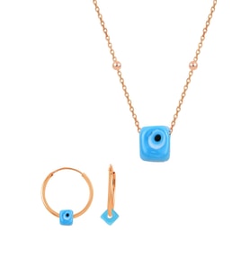 Söğütlü Silver Gümüş rose top top zincirli  nazarlı turkuaz set