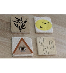 Line Art Surat Kuşlar ve Tasarımlar Doğal Taş Bardak Altlığı 4'lü set - Natural Stone Coasters