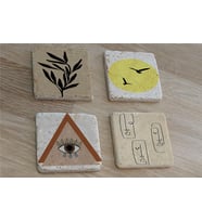 Line Art Surat Kuşlar ve Tasarımlar Doğal Taş Bardak Altlığı 4'lü set - Natural Stone Coasters