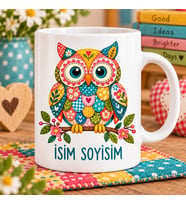 Kişiye Özel İsimli Kırkyama (Patchwork) Desenli Rengarenk Baykuş Seramik Kupa Bardak