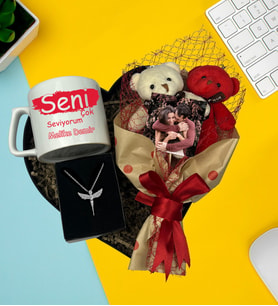 Kişiye Özel Premium Kalp Kutu Fotoğraflı Ayıcık Buketi Resimli Çay Ve Nescafe Fincanı Gümüş Kaplama Melek Kolye