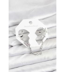 Pirinç Gümüş Renk Kelebek Model Zincir Bağlantılı Ear Cuff Küpe Seti - TJ-BKP11535 TG-V 12496
