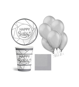 Gümüş Happy Birthday Temalı Parti Seti Beyaz 8 Kişilik